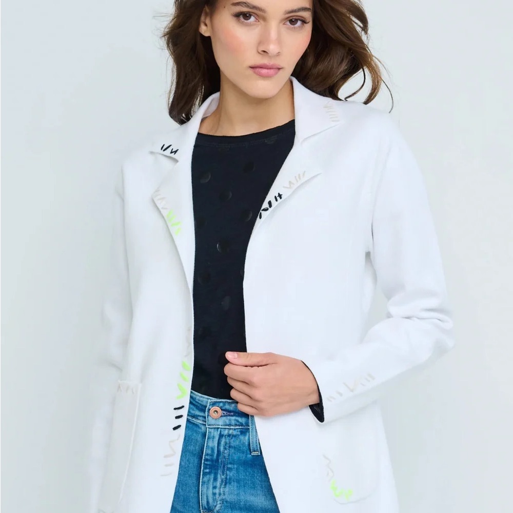 Lisa Todd Stitchin’ Blazer White Cotton Blend Knit Jacket Size M $298